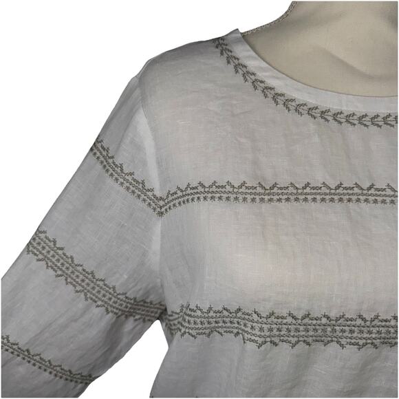 J. Jill Love Linen Med Top Blouse White Embroidered Stripe 3 QTR Balloon Sleeve - Picture 5 of 8